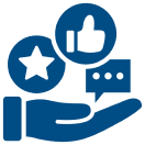 Hand with icons of star, thumb, chat